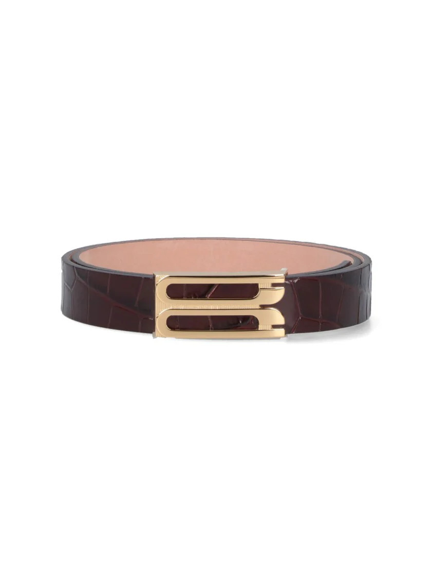 Crocodile-Embossed Brown Belt With Geometric Buckle | Shop Simon
