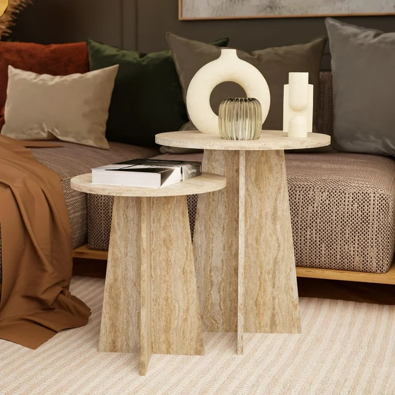 Ultimate Premium Products Modern Nesting Table Set with Wooden Round Side Table Travertine Finish... | Walmart (US)