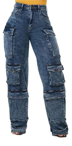 Cargo Jeans for Women High Waist Baggy Straight Wide Leg Stretchy Denim Pants Streetwear Flap Pocket Loose Trousers, Blue,Medium | Amazon (US)