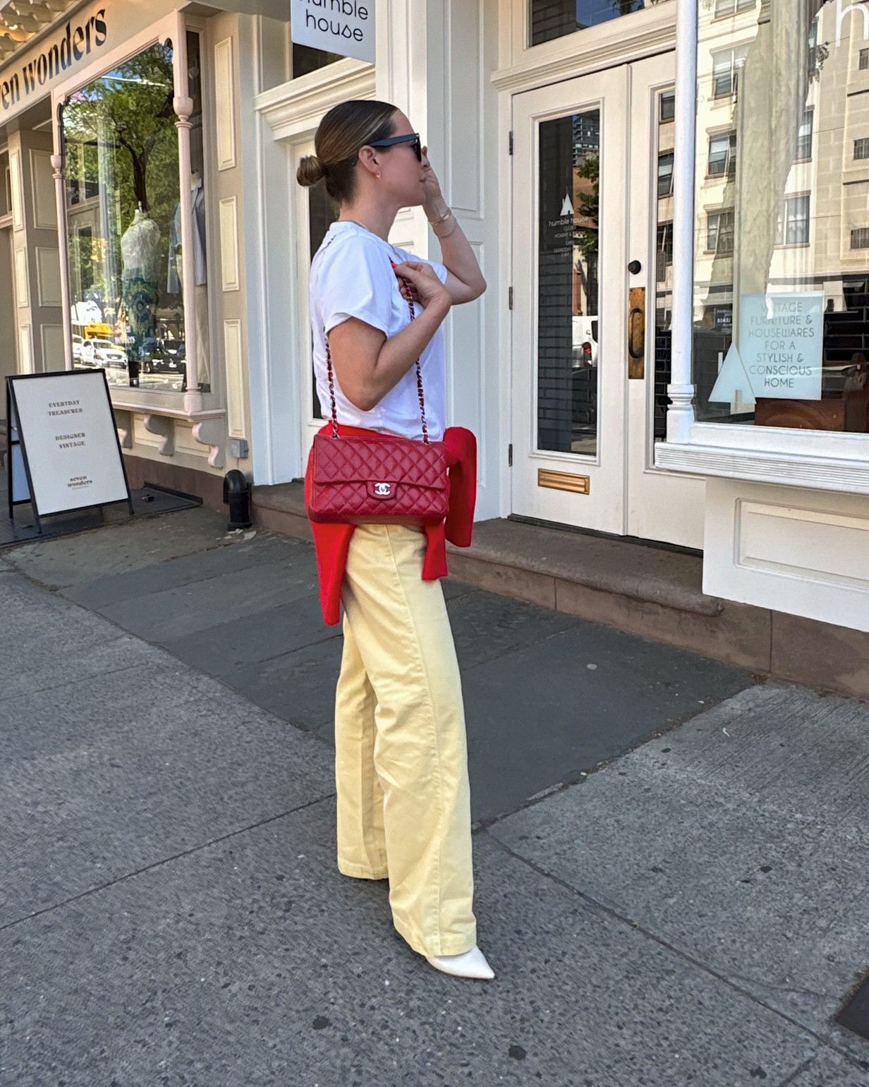 Sizing: wearing the denim, sweater and tee in a medium. 

I sized up 1/2 a size in the shoes. They're crazy comfortable! I can walk in them for hours.