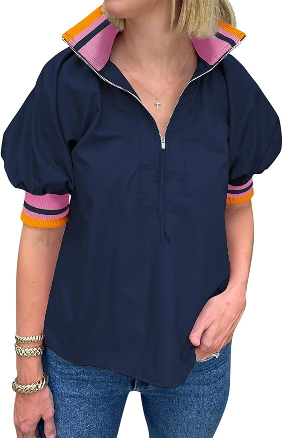 Womens Summer Blouse Tops Puff Sleeve Shirts Half Zip V Neck Dressy Casual Color Block T-Shirts | Amazon (US)