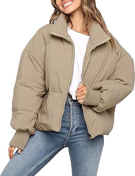 InterNos Women's Winter Stand Collar Zip Puffer Jacket Baggy Short Padded Down Coats | Amazon (US)