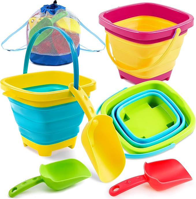 Sloosh 3 PCS Foldable Buckets with 3 Shovels Sand Bucket Water Bucket Sandbox Square Party in Sum... | Amazon (US)