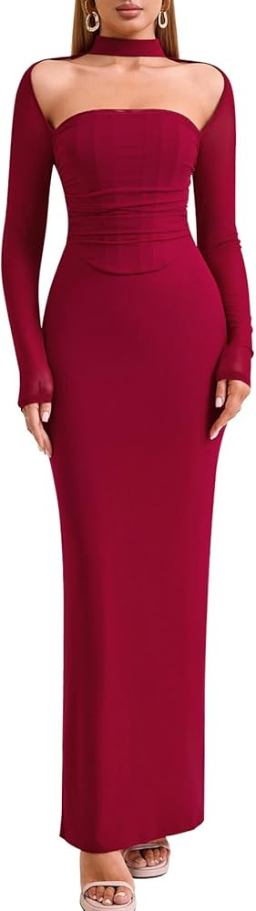 HTZMO Women Fall Long Sleeve Bodycon Corset Dress Halter Neck Ruched Elegant Wedding Guest Formal... | Amazon (US)