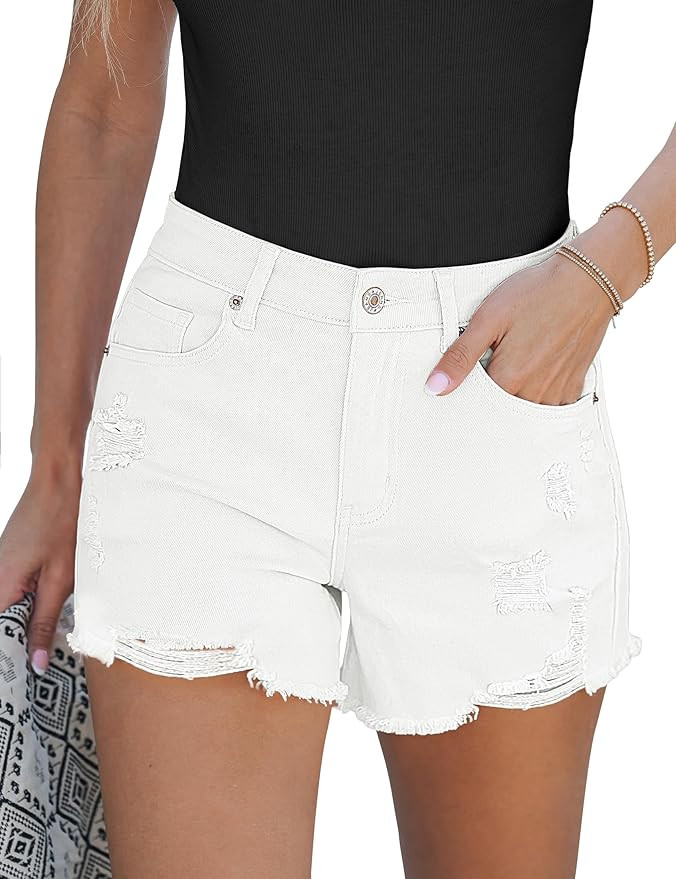 luvamia Jean Shorts for Women High Waisted Stretchy Distressed Denim Shorts Ripped Frayed Raw Hem... | Amazon (US)