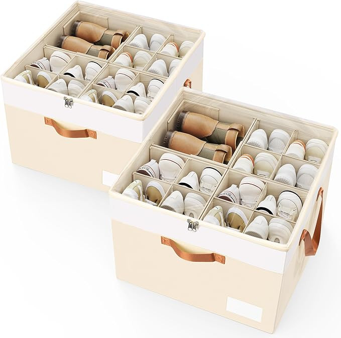 Criusia Shoe Organizer for Closet, 2 Pack Foldable Shoe Storage Organizer Box Bin with Adjustable... | Amazon (US)