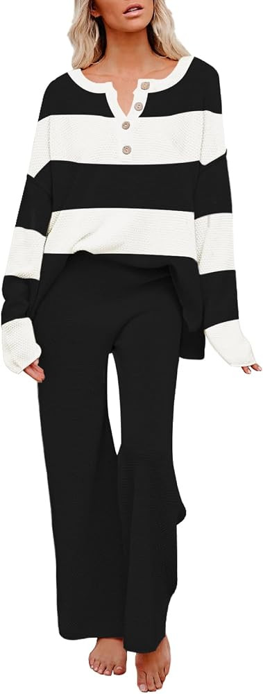 Pink Queen Women's 2 Piece Outfit Set Long Sleeve Button Knit Pullover Sweater Top and Wide Leg P... | Amazon (US)