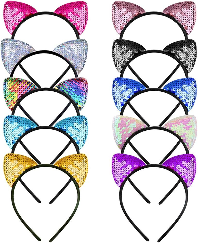 WXJ13 10 Pieces Cat Ears Headbands Reversible Sequins Headbands Hair Accessories for Girls and Wo... | Amazon (US)