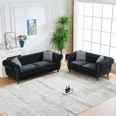 3+2 Seater Chesterfield Velvet Upholstery Sofa with Roll Armrest & Nailhead, Mid Century Modern Couch for Living Room and Office | Wayfair North America