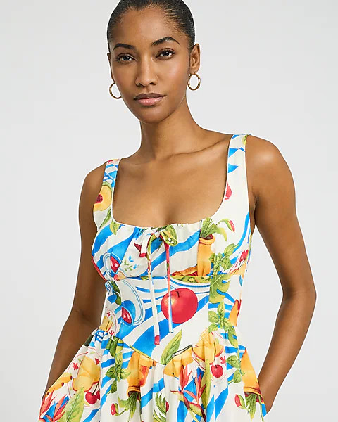 Printed Smocked Back Dipped Waist Midi Dress With Pockets | Express