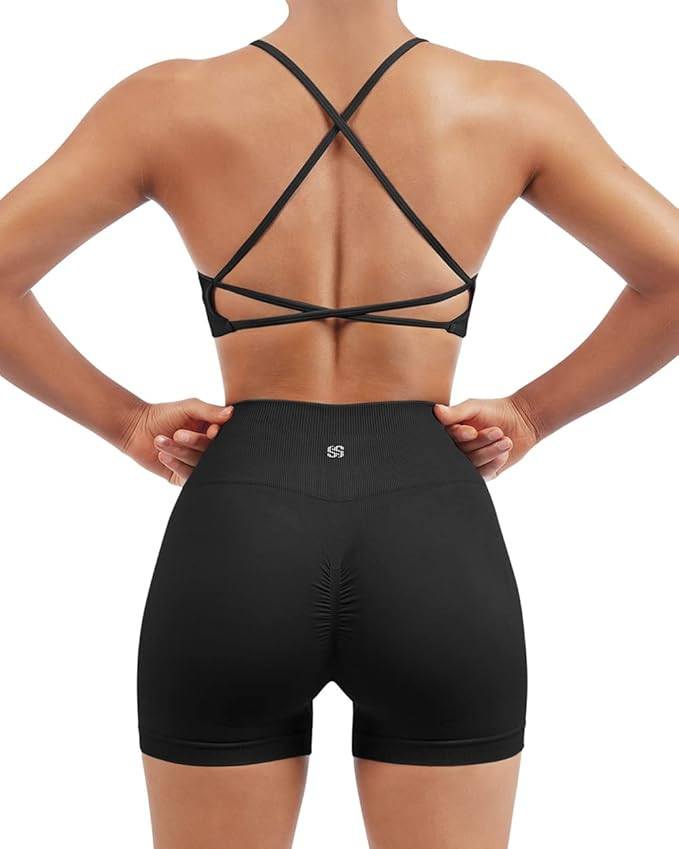 SUUKSESS Women Seamless Workout Sets Strappy Sports Bra High Waist Booty Shorts Outfits | Amazon (US)