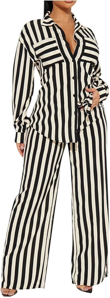 HGps8w Women's 2 Piece Outfits Vertical Stripes Long Sleeve Button Dowm Shirts with Wide Leg Pant... | Amazon (US)