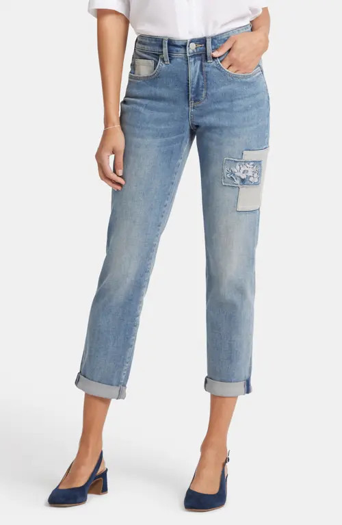 NYDJ Margot Embroidered Patch Girlfriend Jeans in Indigo Stream at Nordstrom, Size 6P | Nordstrom