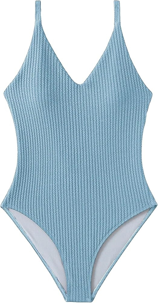 SweatyRocks Women's V Neck One Piece Bathing Suit Strappy Ribbed Monokini Swimsuit | Amazon (US)