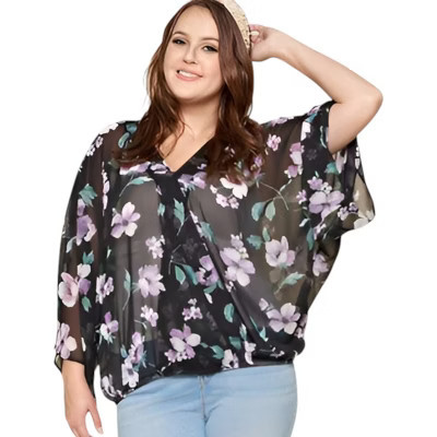 Slickblue Sophisticated Plus Size Floral Chiffon Surplice Top with Bell Sleeves & Elastic Hem, 1XL, Black | Target