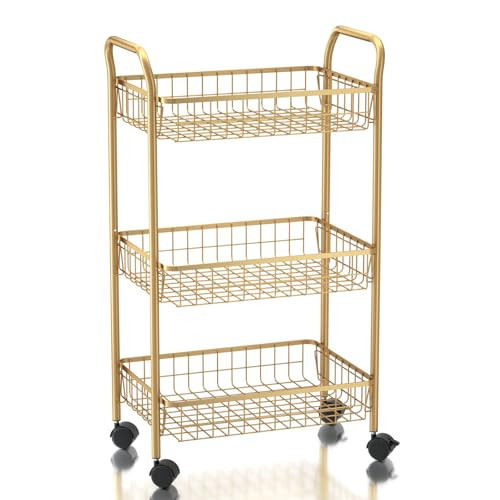MNOPQ 3 Tier Rolling Utility Cart, Storage Trolley Service Cart with Wheels Easy Assembly for Kitchen, Living Room, Office, Salon, Gold | Amazon (US)