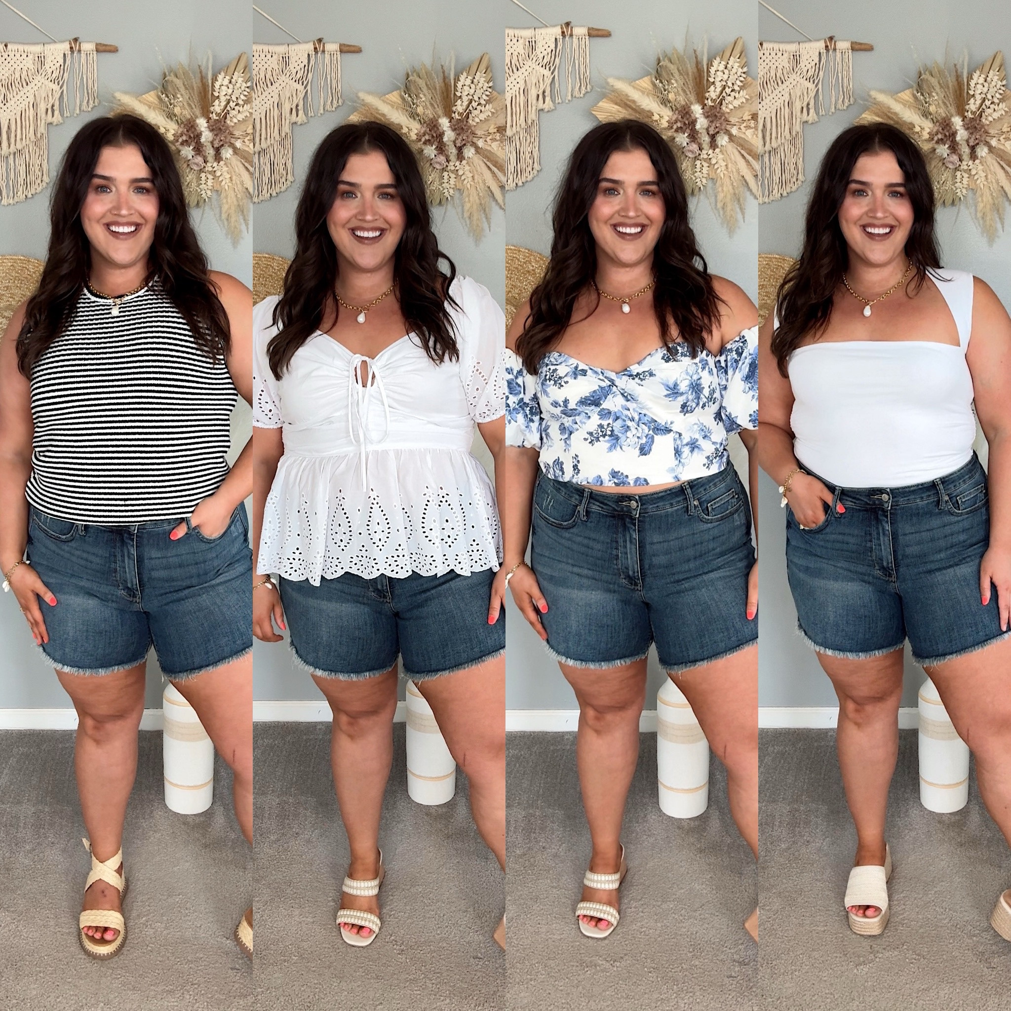 Summer tops + blouses ☀️🩵🐚 
Striped tank top XXL, eyelet puff sleeve shirt XXL, off the shoulder top XL, white tank top XL 
Shorts: 2X 

#LTKStyleTip #LTKMidsize #LTKSummerSales