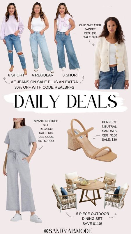 Daily deals // summer outfits // outdoor patio set // Walmart // American eagle jeans // mom jeans // dreamy drape // wide leg jeans // baggy jeans // lady jacket // Spanx inspired set // Amazon set // neutral sandal 

#LTKstyletip #LTKSeasonal #LTKsalealert