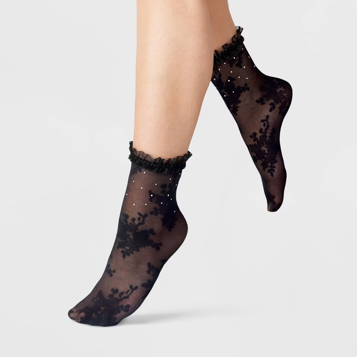 Women's Floral with Rhinestones and Lace Trim Sheer Anklet Socks - A New Day™ Black One Size | Target