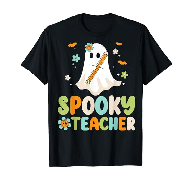 Spooky Teacher Ghost Holding Pencil Halloween Funny Teaching T-Shirt | Amazon (US)
