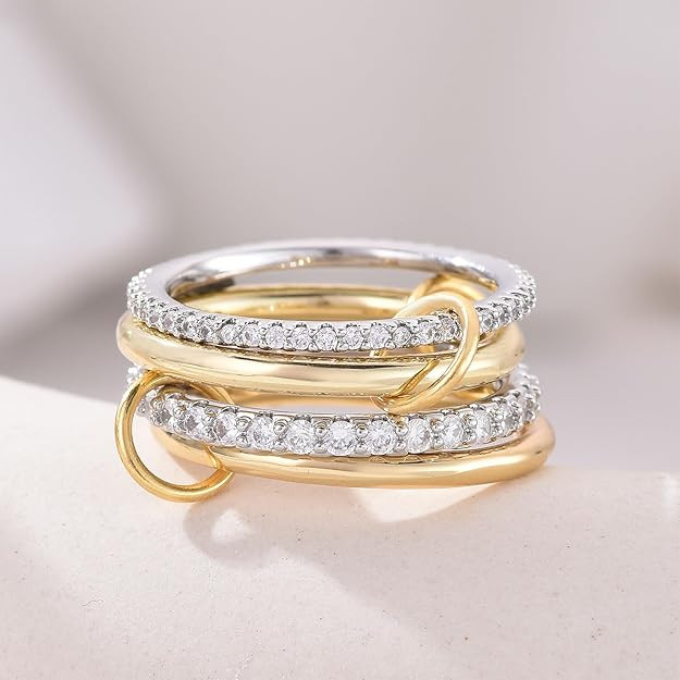 14K Gold Interlocking Stackable Rings for Women – Silver Gold Stack Ring Set with CZ, Two Tone ... | Amazon (US)