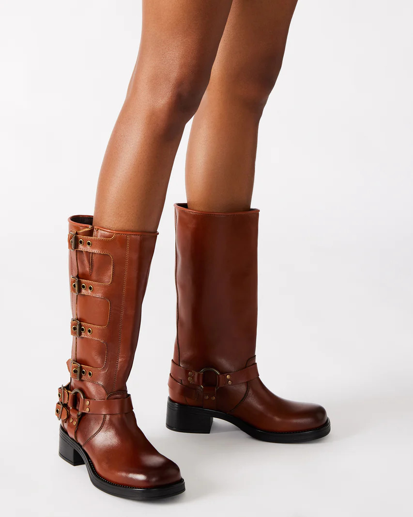 ROCKY Cognac Leather Knee-High Moto Boots | Women's Boots | Steve Madden (US)