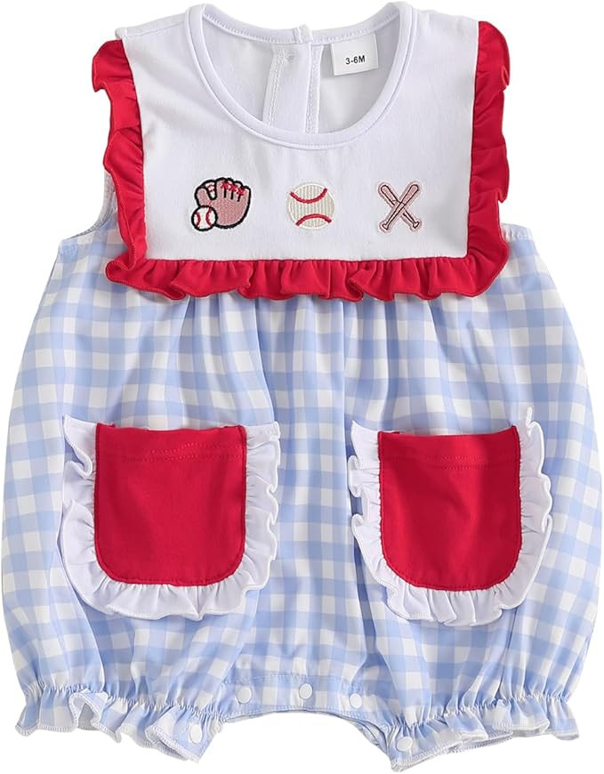Omkzanbi Baby Girl Baseball Outfit Baseball Smocked Bubble Romper Blue Gingham Bodysuit Cute Newb... | Amazon (US)