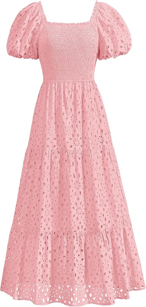PRETTYGARDEN Summer Dresses for Women 2025 Eyelet Square Neck Puff Sleeve Smocked Wedding Guest M... | Amazon (US)