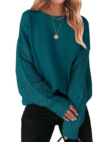 ZESICA Women's 2025 Fall Long Sleeve Crew Neck Solid Color Cable Knit Chunky Casual Oversized Pullover Sweater Tops Teal Small | Amazon (US)