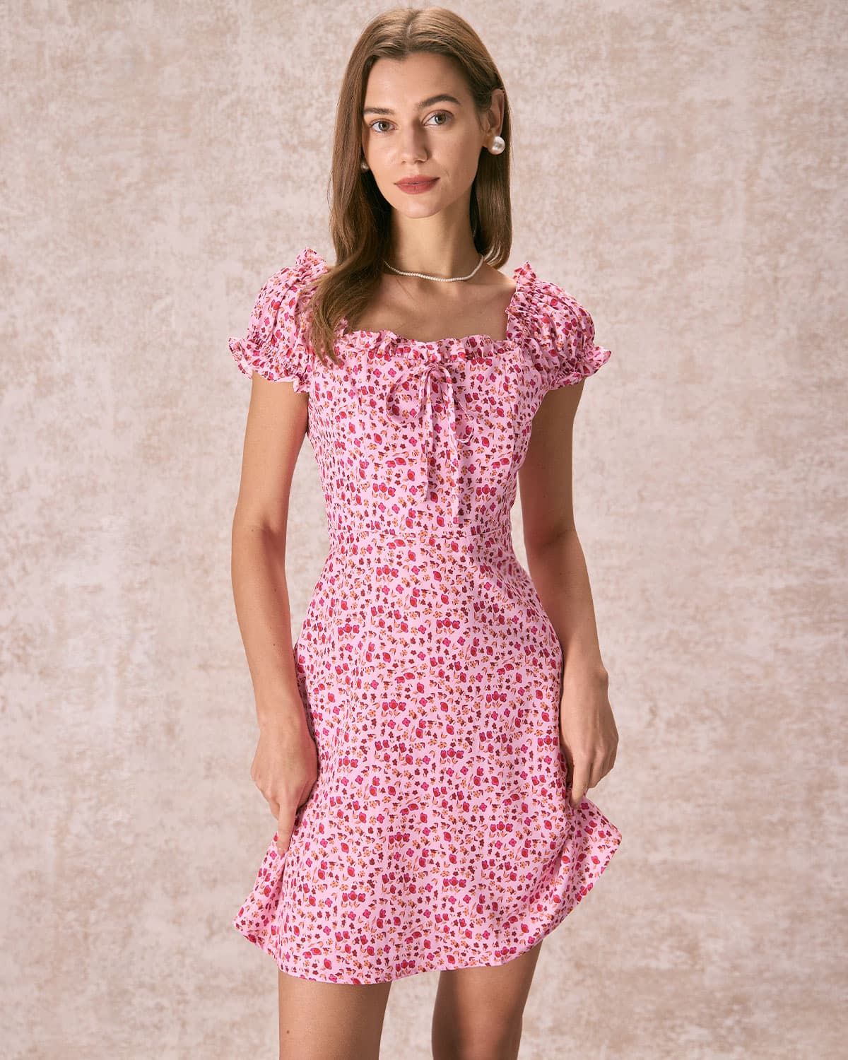 The Pink Square Neck Puff Sleeve Floral Mini Dress & Reviews - Pink - Dresses | RIHOAS | rihoas.com
