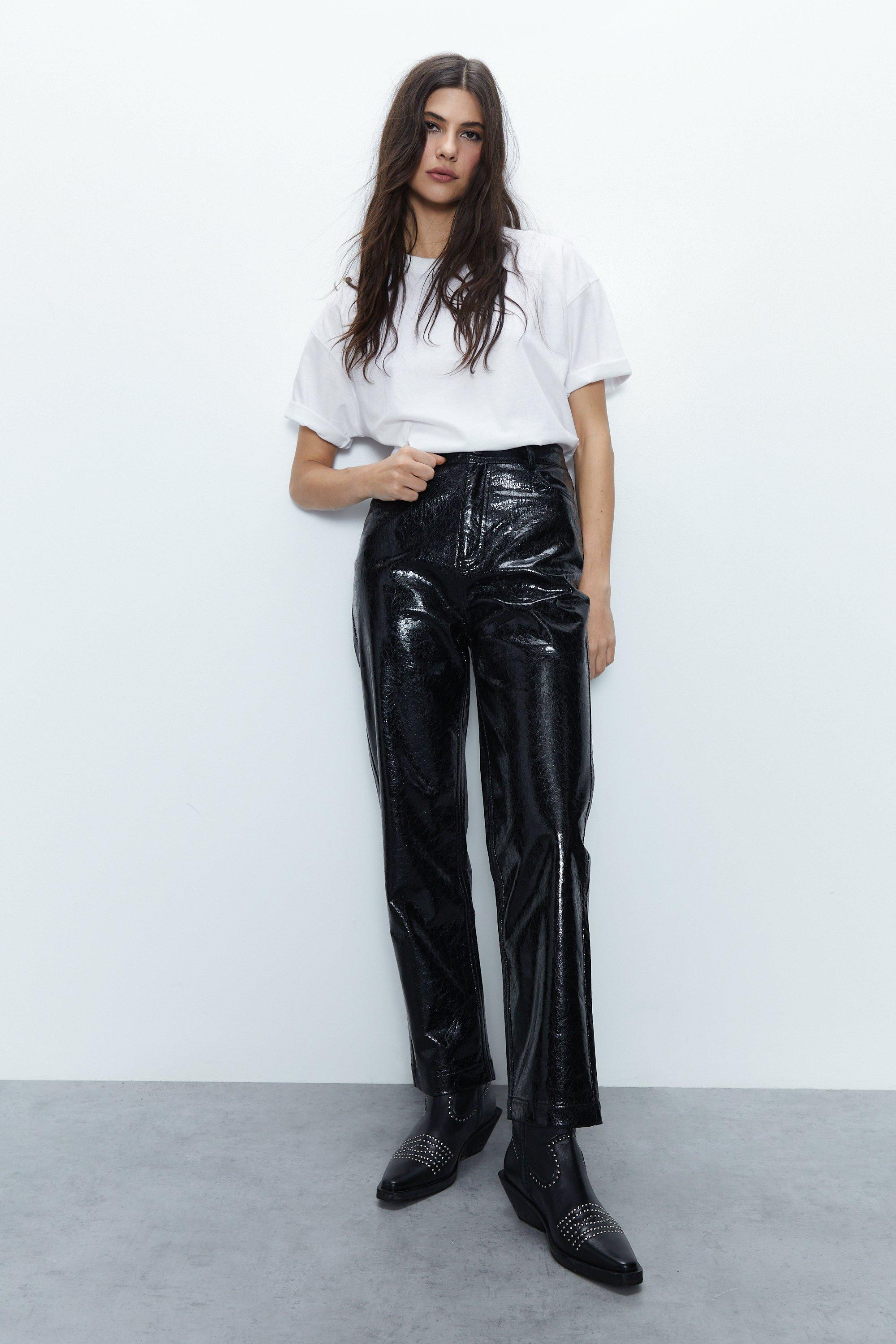Crackle Faux Leather Straight Trouser | Warehouse UK & IE