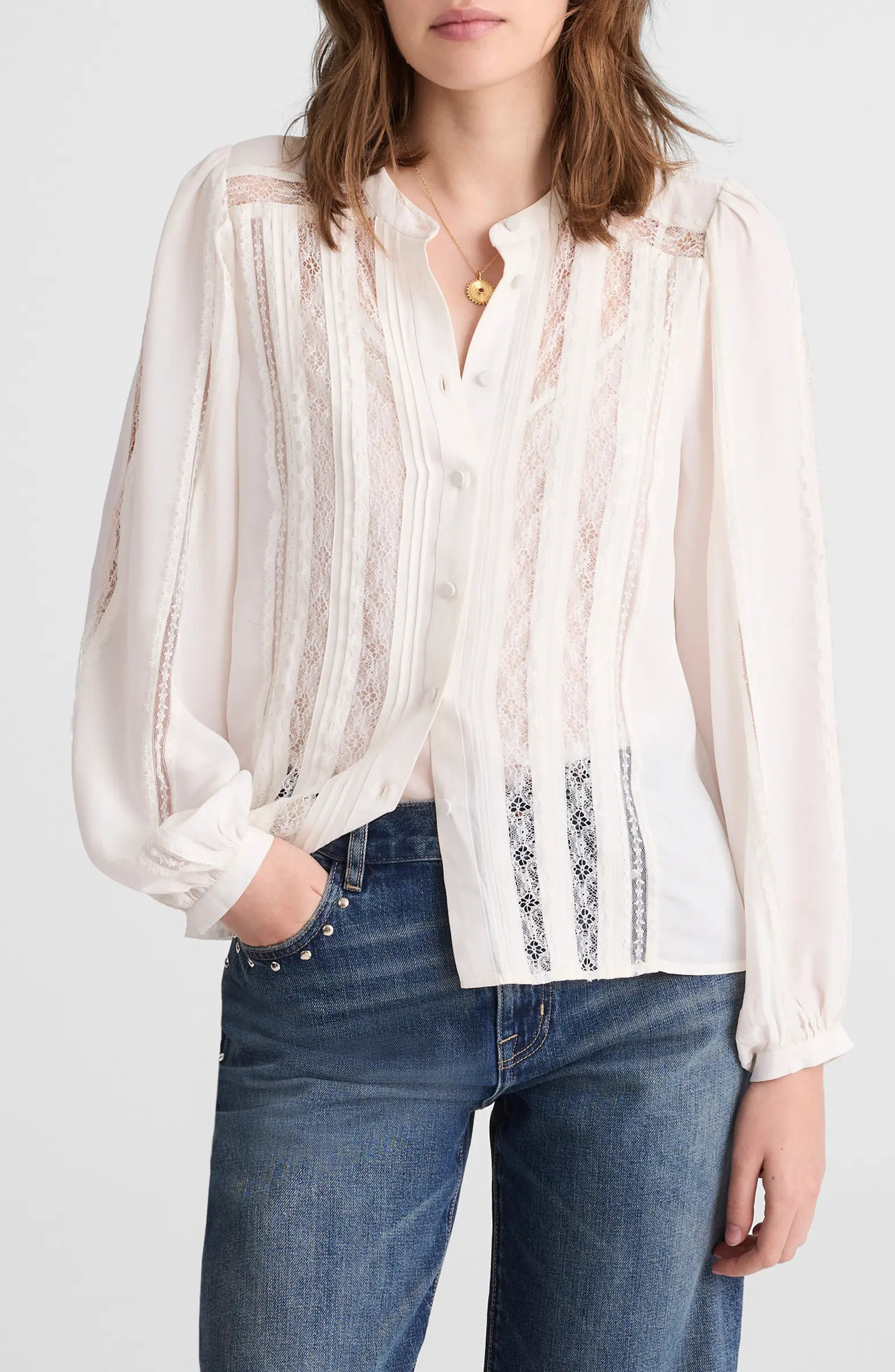 Lace Inset Long Sleeve Button-Up Top | Nordstrom