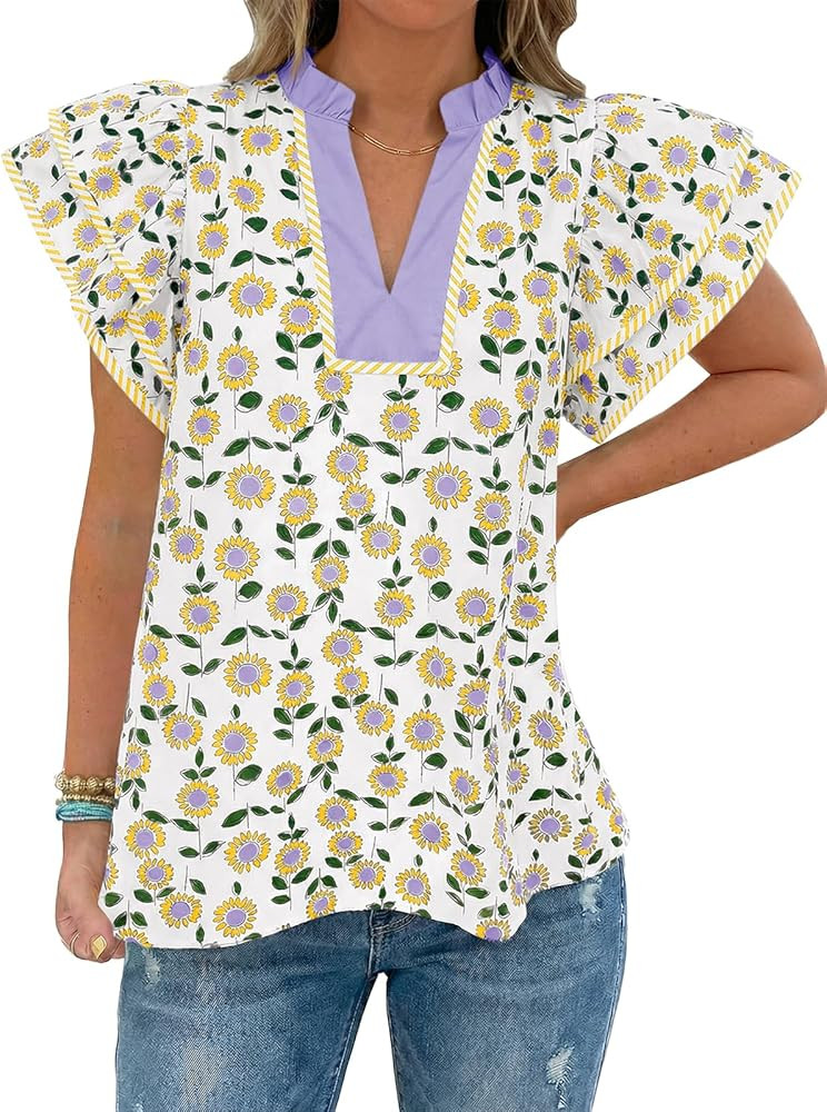 Tankaneo Womens Ruffle Sleeve Floral Blouses Summer Dressy Casual V Neck Tops Loose Fit Pleated F... | Amazon (US)