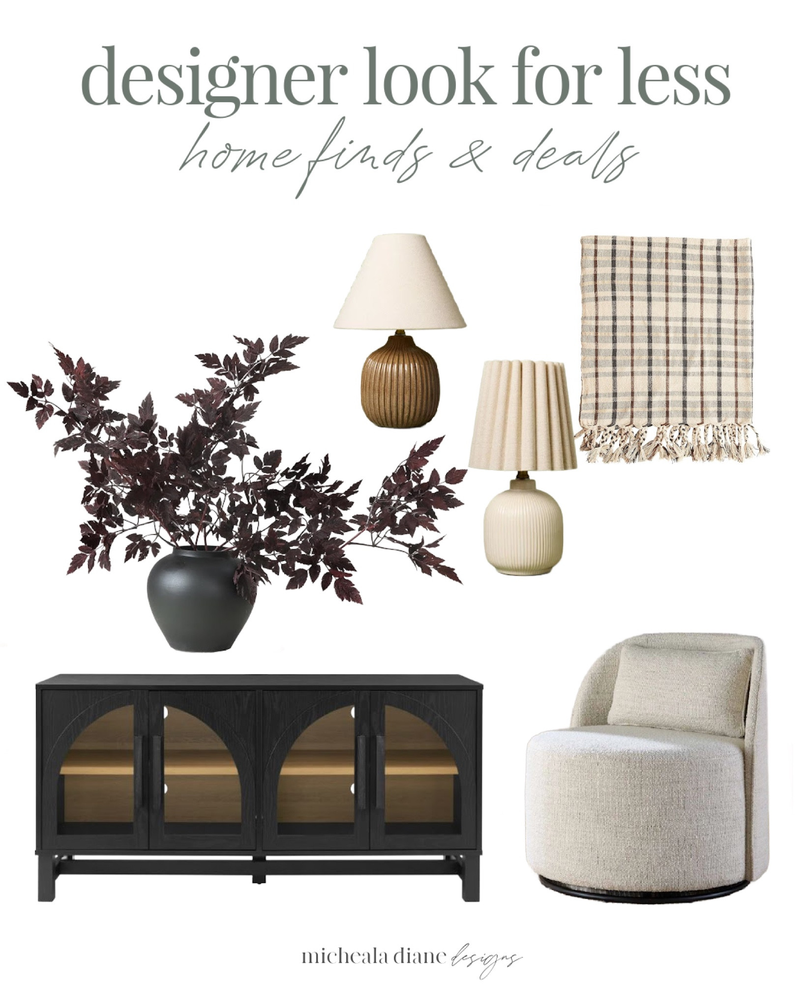 Designer looks for less. Home decor finds. Fall decor. Accent chair, fall throw blanket, fall faux stems, media cabinet, small lamps. 

#LTKSeasonal #LTKHome