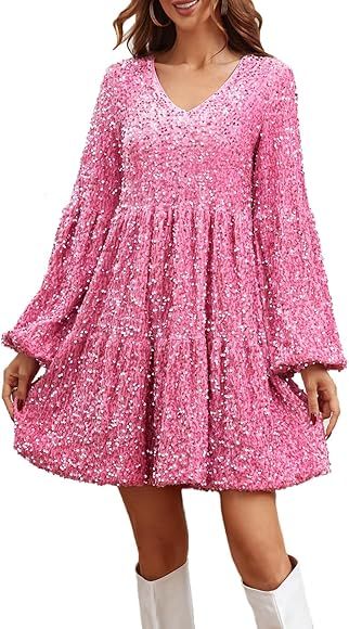 JENIFISO Women’s V-Neck Sequin Dress Lantern Sleeve Velvet Ruffle Hem Dress | Amazon (CA)