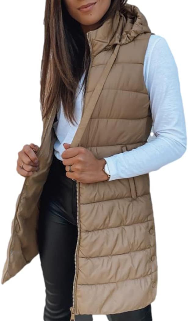 Veatzaer Women Long Vest Solid Color Sleeveless Hood Winter Puffer Vest Outwear | Amazon (US)