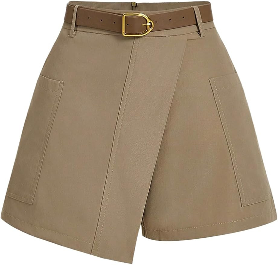 Floerns Women's Asymmetrical Hem Wrap Front Wide Leg Casual Shorts with Belt | Amazon (US)