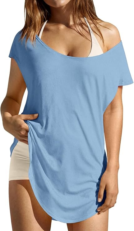 Fisoew Womens Off The Shoulder Tops Oversized T-Shirts Casual Workout Athletic Side Split Tunic T... | Amazon (US)