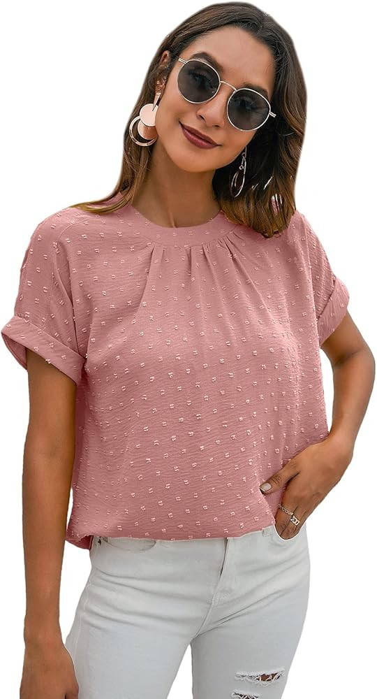 OYOANGLE Women's Casual Swiss Dots Crew Neck Short Sleeve Pleated Work Blouse Top Shirt | Amazon (US)
