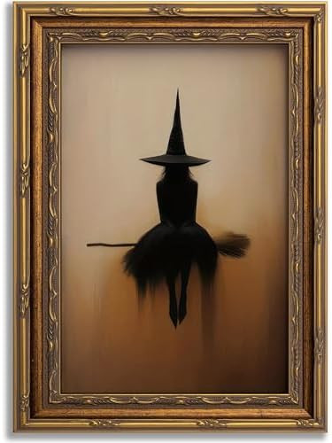 Cgglye Vintage Halloween Canvas Wall Art Witch on A Broom Wall Decor Gothic | Amazon (US)