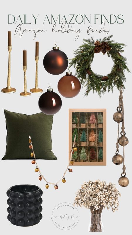 Amazon home holiday finds for less! Gold candlesticks, taper candles, pine wreath, glass ornaments, neutral ornaments, earth tones, bottle brush trees, bell garland 

#LTKHoliday #LTKhome #LTKSeasonal