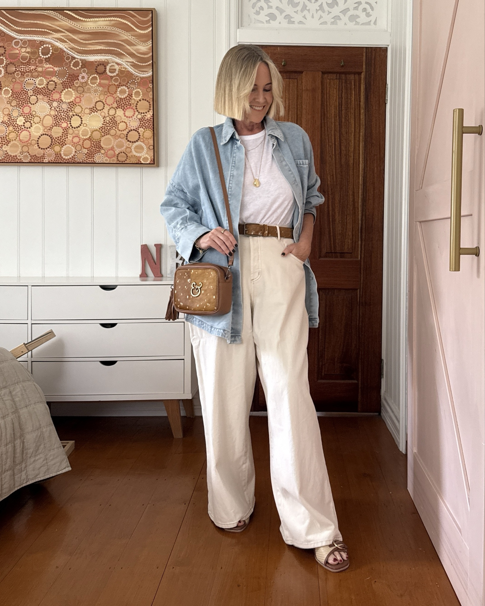 It’s the small things really at this stage of the recovery game. Five weeks post surgery and yes, I’m going a little stir crazy. My current social life is limited to short walks and coffee catch ups with girlfriends. 

Even without those catch ups, being intentional about what I wear each day has made a huge difference to my mental health by keeping some normalcy to my days. 

Shoes: FRANKIE4 Tate slides
Bag and belt: Stitch and Hide ($15 site-wide code on orders $150 and over: NIKKI15)
Necklace: from Cos but not showing online - have linked alternatives

#LTKaustralia #LTKover50style #LTKmidsize