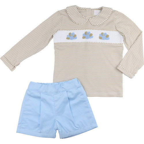 Khaki Knit Stripe Smocked Turkey Short Set | Cecil and Lou