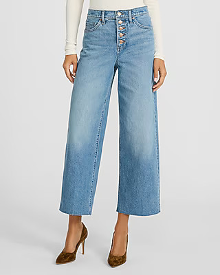High Waisted Medium Wash Raw Hem Wide Leg Ankle Jeans | Express