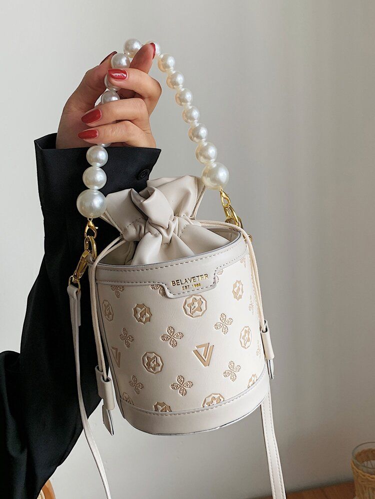Letter Detail Drawstring Design Faux Pearl Decor Bucket Bag | SHEIN