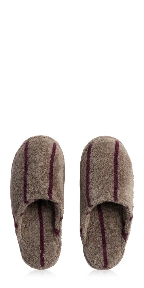 Turkish Cotton Stripe Slippers Warm Grey with Garnet | Maison Rogue