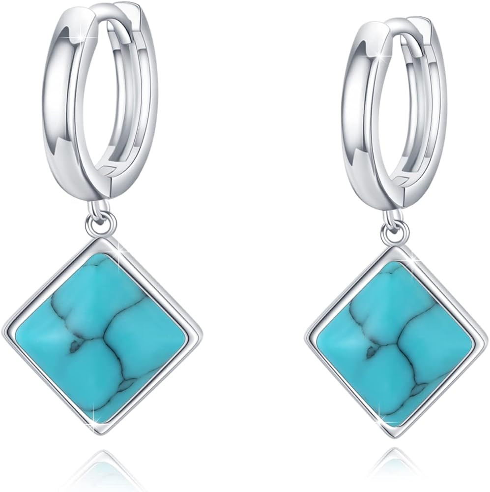 Turquoise Dangle Earrings, Rectangle Turquoise Leverback Earrings S925 Sterling Silver Gemstone E... | Amazon (US)