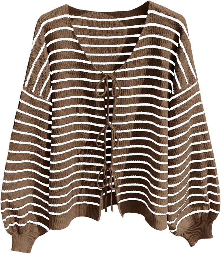 BEAUDRM Women's Plus Size Striped Cardigan Sweater Tie Front Knit Cardigan | Amazon (US)