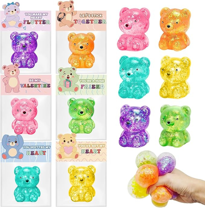 24 Pack Valentines Day Gifts for Kids, 24 Bear Squishy Toys with Valentines Day Cards, Glitter Co... | Amazon (US)