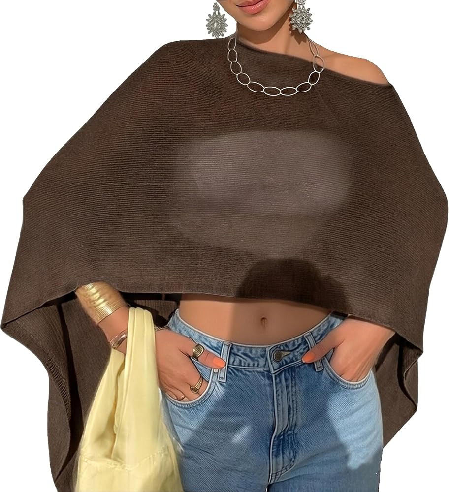 Women Sheer Poncho Top Lightweight Knit Crochet Shrug Bolero Mesh Batwing Sleeve Sweater Cover Up... | Amazon (US)